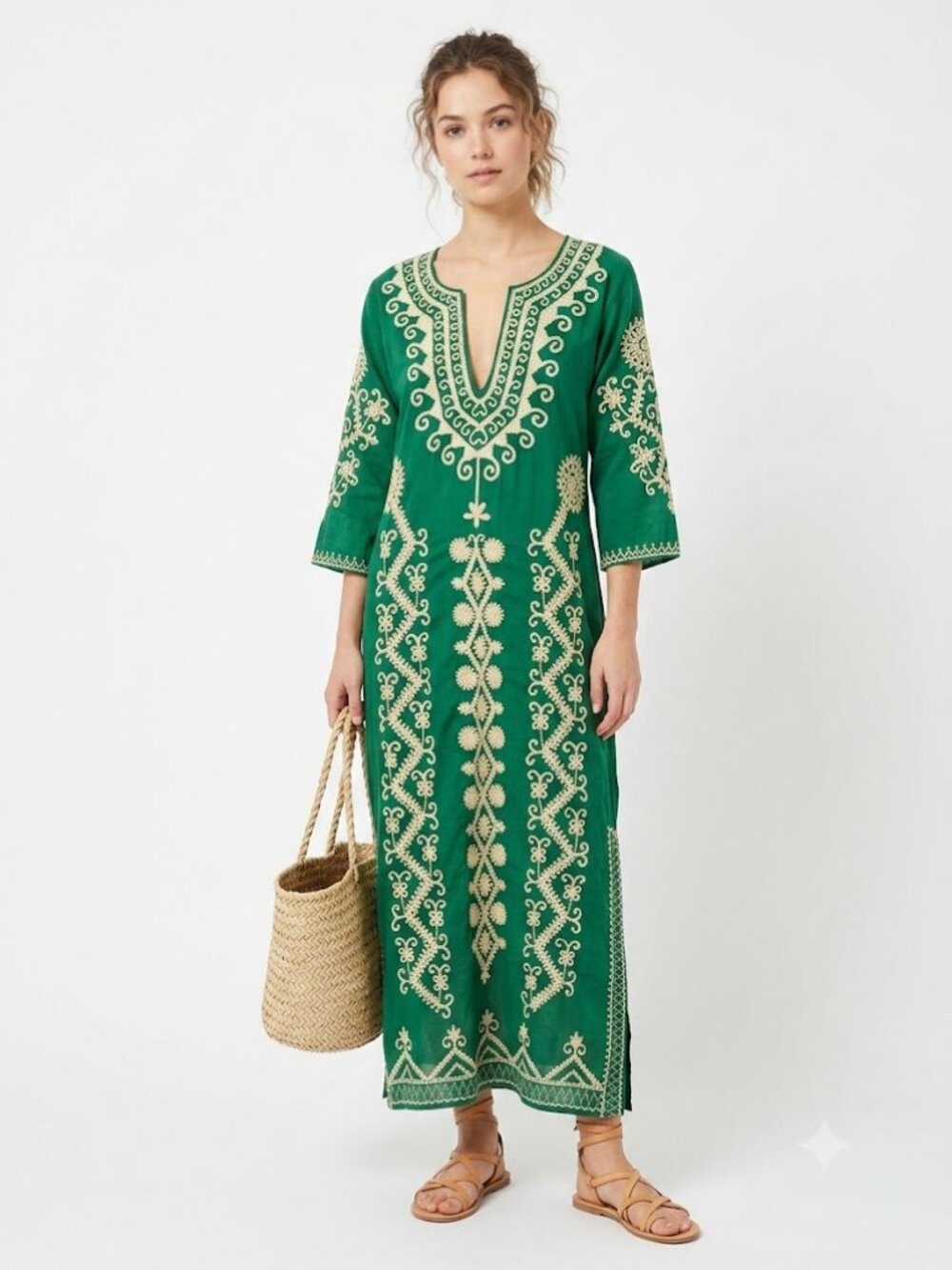 Star Mela Green & White Embroidered Cotton Caftan Beach Dress Small